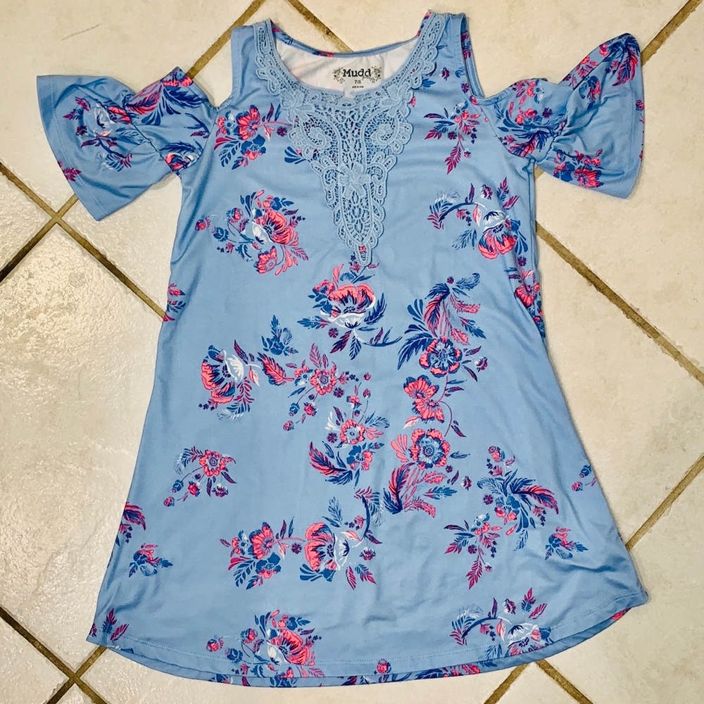 Mudd cold shoulder dress. Blue with flowers little girls size 7/8